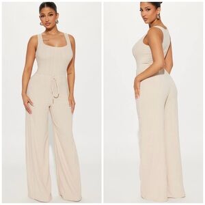 Fashion Nova Cream tan beige Wide Leg pants drawstring Jumpsuit